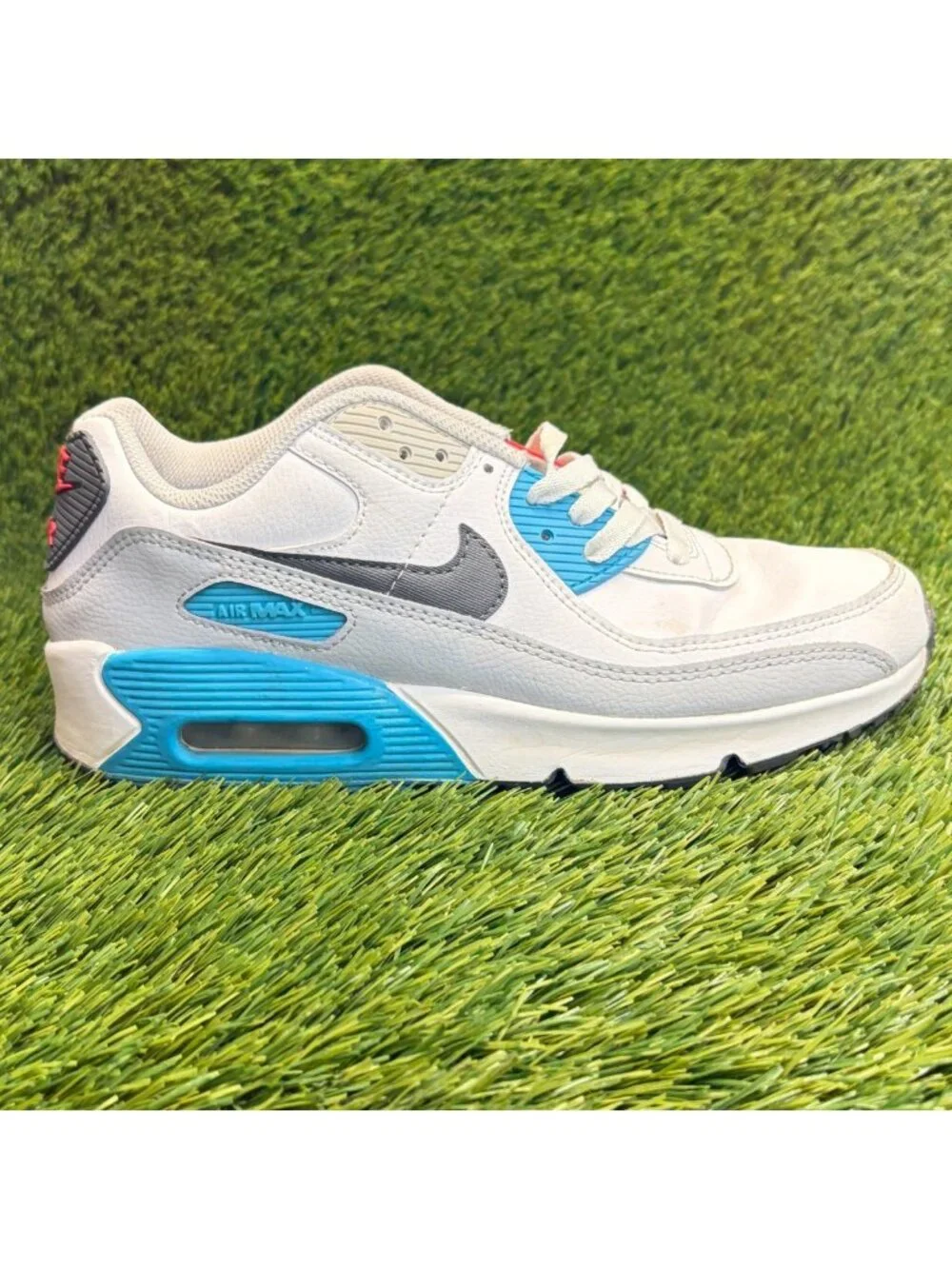 Nike Air Max 90 LTR Boys Size 6Y White Blue Gray Athletic Leather Shoes Sneakers